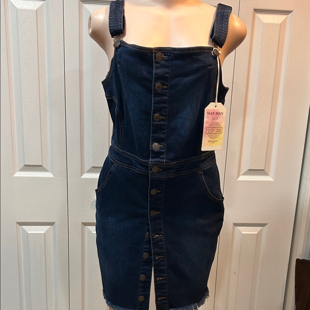 Wax Jean Indigo Button-Front Denim Overall Dress